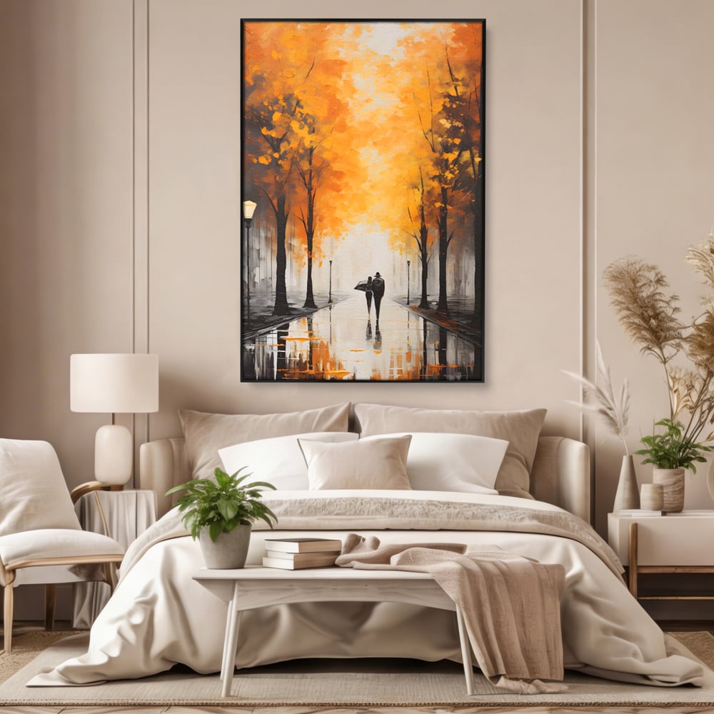 Tablou canvas cu tablou canvas cuplu sub umbrela, in rama de aluminiu negru, pe perete intr-un dormitor